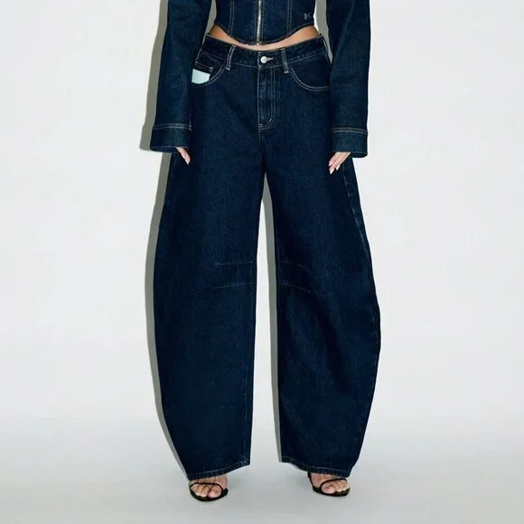 Dark Wash Casual Women's Barrel Cut Wide Leg High Waisted Jeans - Picture 1 of 5